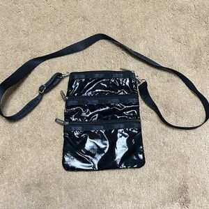 LeSportsac Black “Patent” triple zipper crossbody bag - Y2K vibes